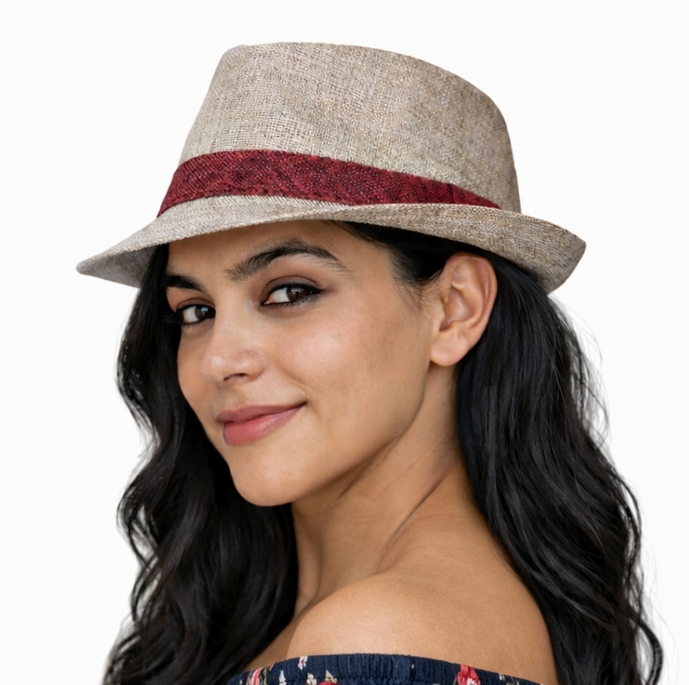 NWT Groovy Glam Tan Fedora Trilby Hat with Red Band Size L Women’s